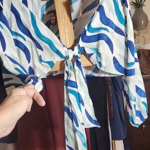 IMAN Blue and White Tie-Front Blouse